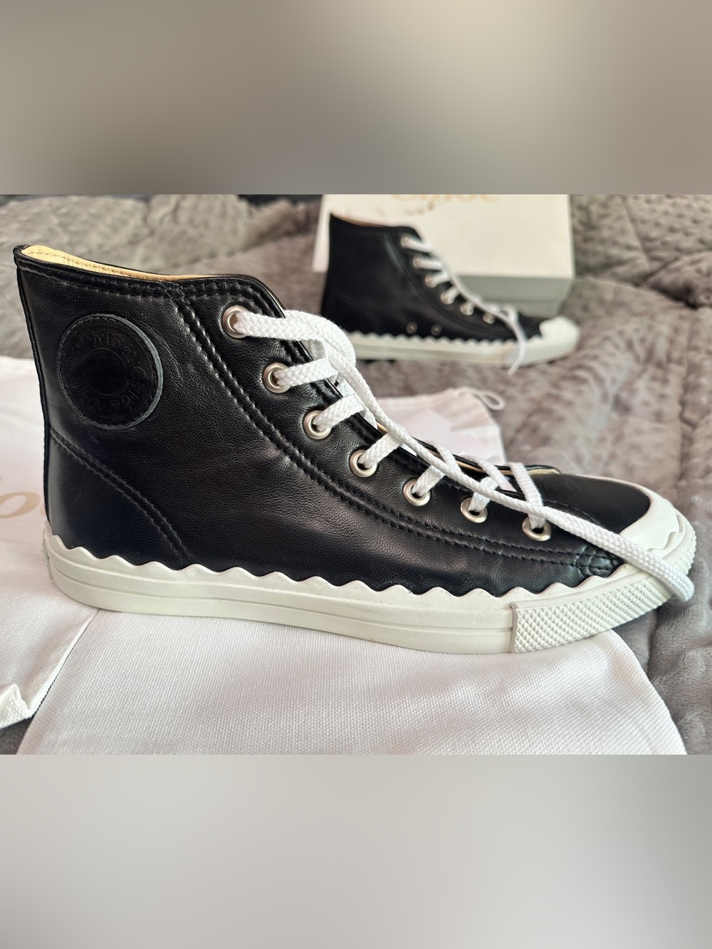 RARE NIB Chloé Black Lambskin Leather High-Top Sneakers with scalloped sole